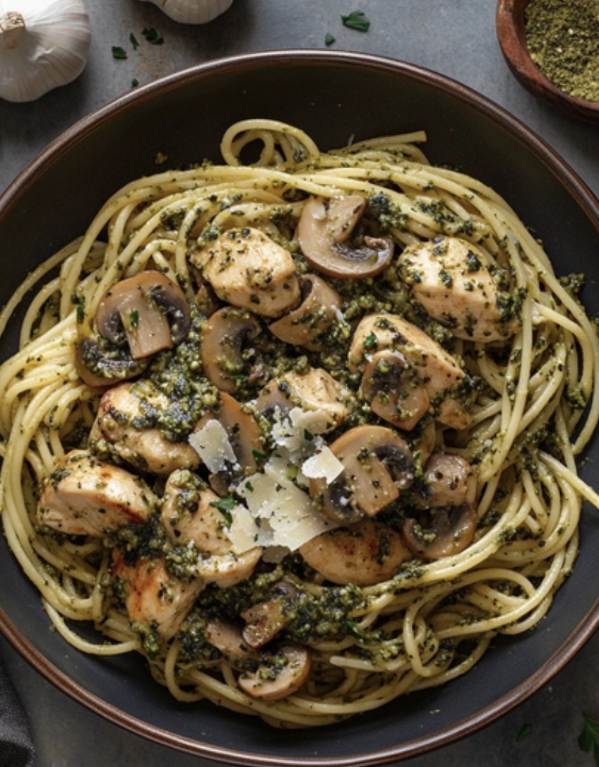 Pasta met kip en champignons 