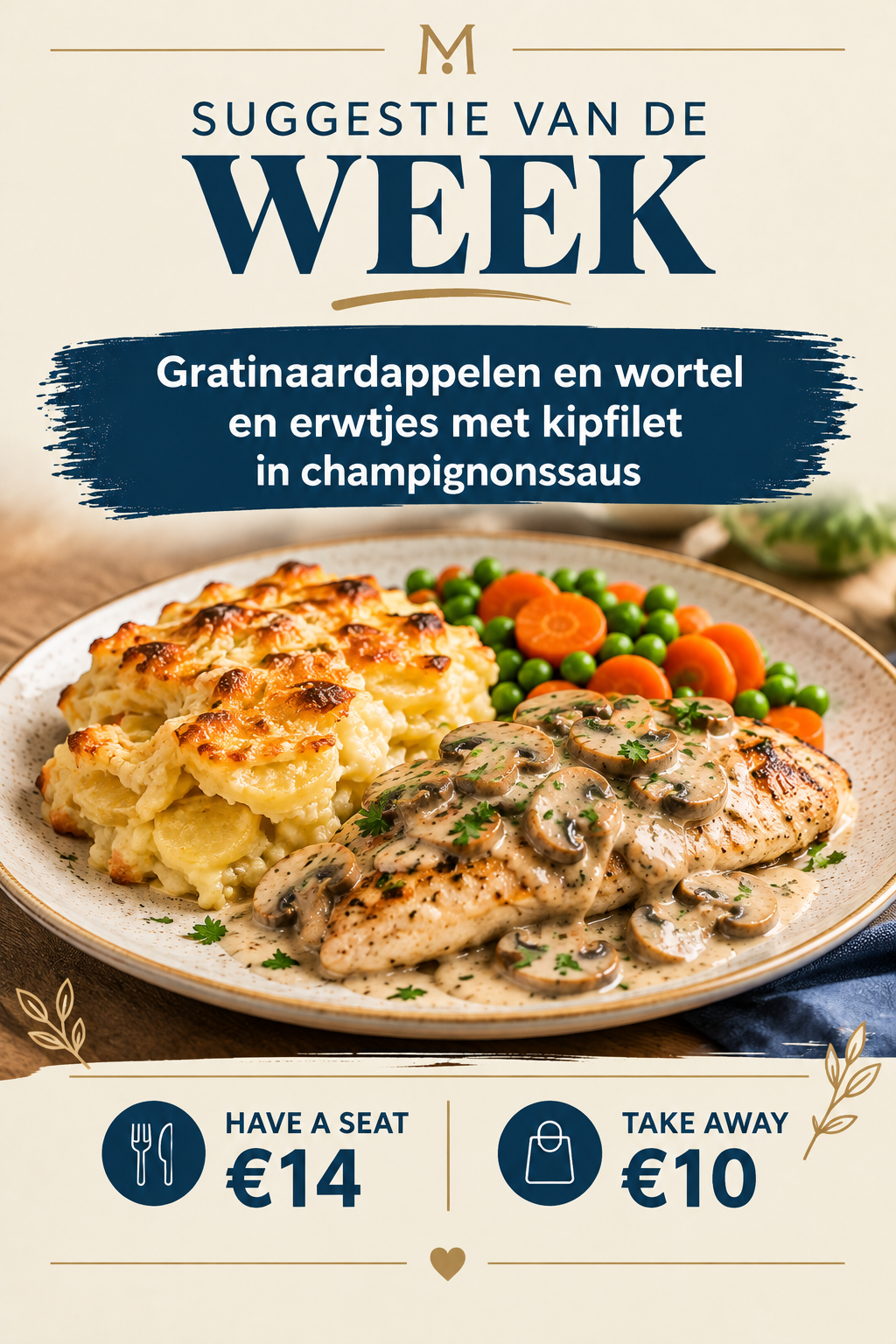 Gratin met wortel en erwtjes en kipfilet in champignonssaus