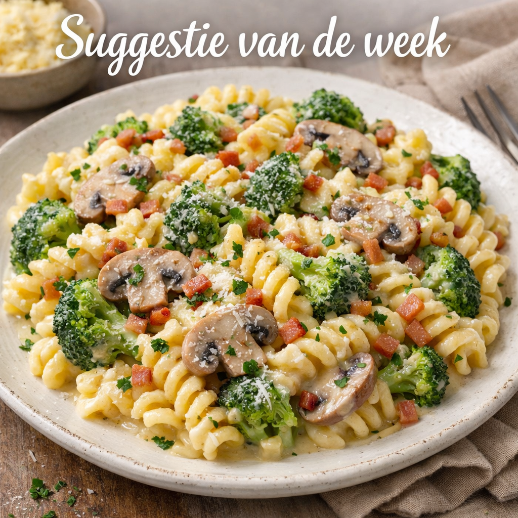 Spirelli met champignons en broccoli en spek